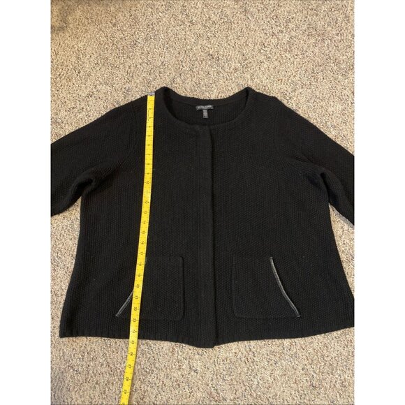 Eileen Fisher Black Full Zip Knit Yak Wool Leather Trim Sweater Size: 2X - Picture 9 of 9